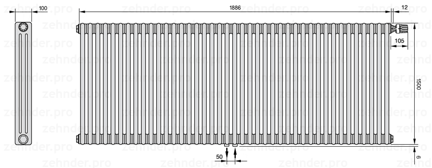 Схема (чертеж) Радиатор Zehnder Charleston 3150/41 №V008 Белый глянцевый RAL 9016